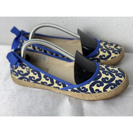 UGG Ayden Printed Espadrille Flats Women’s 5 Cream Blue Swirl Canvas Bow