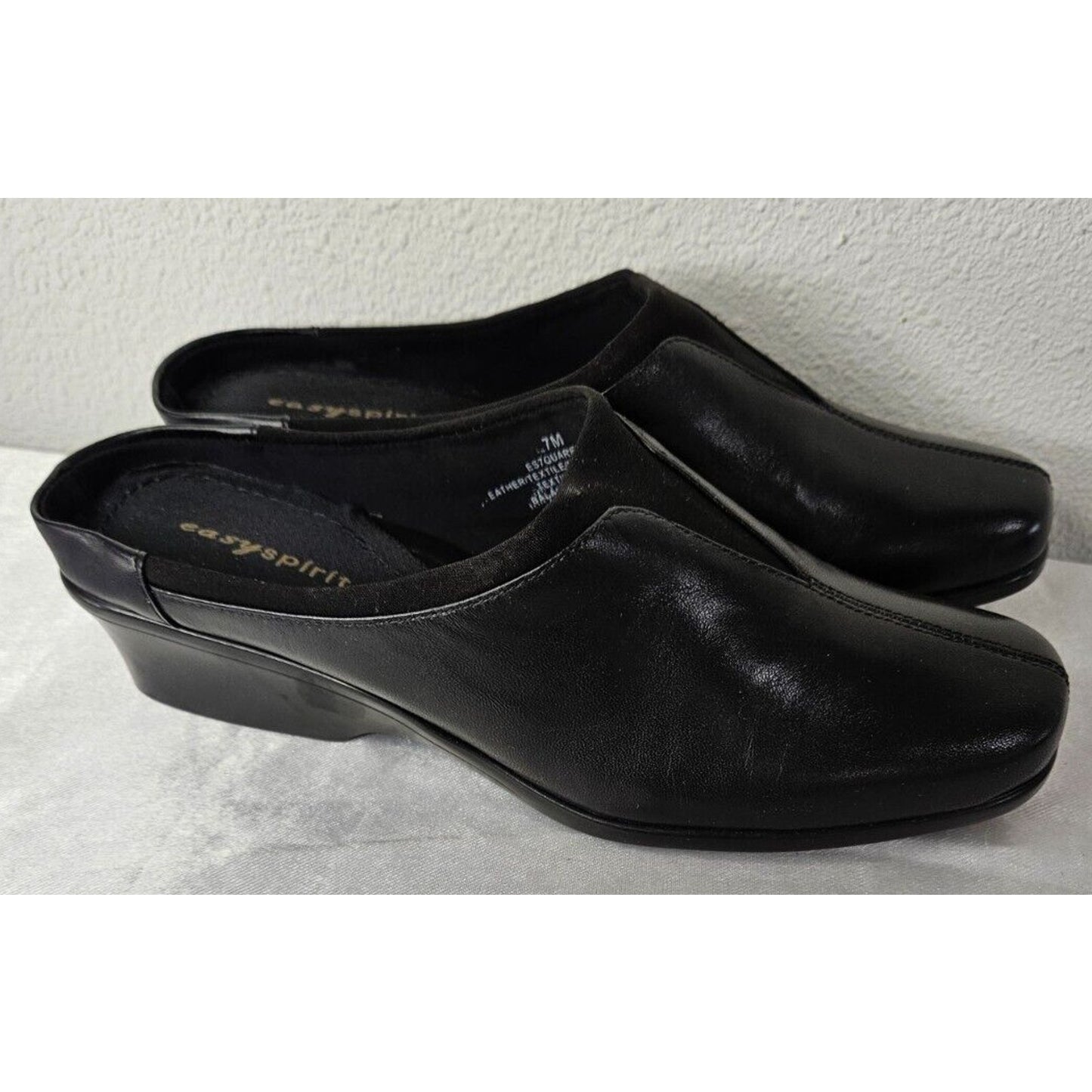 Easy Spirit Black Leather Slip-On Wedge Shoes Women’s Size 7M Square Toe Comfort