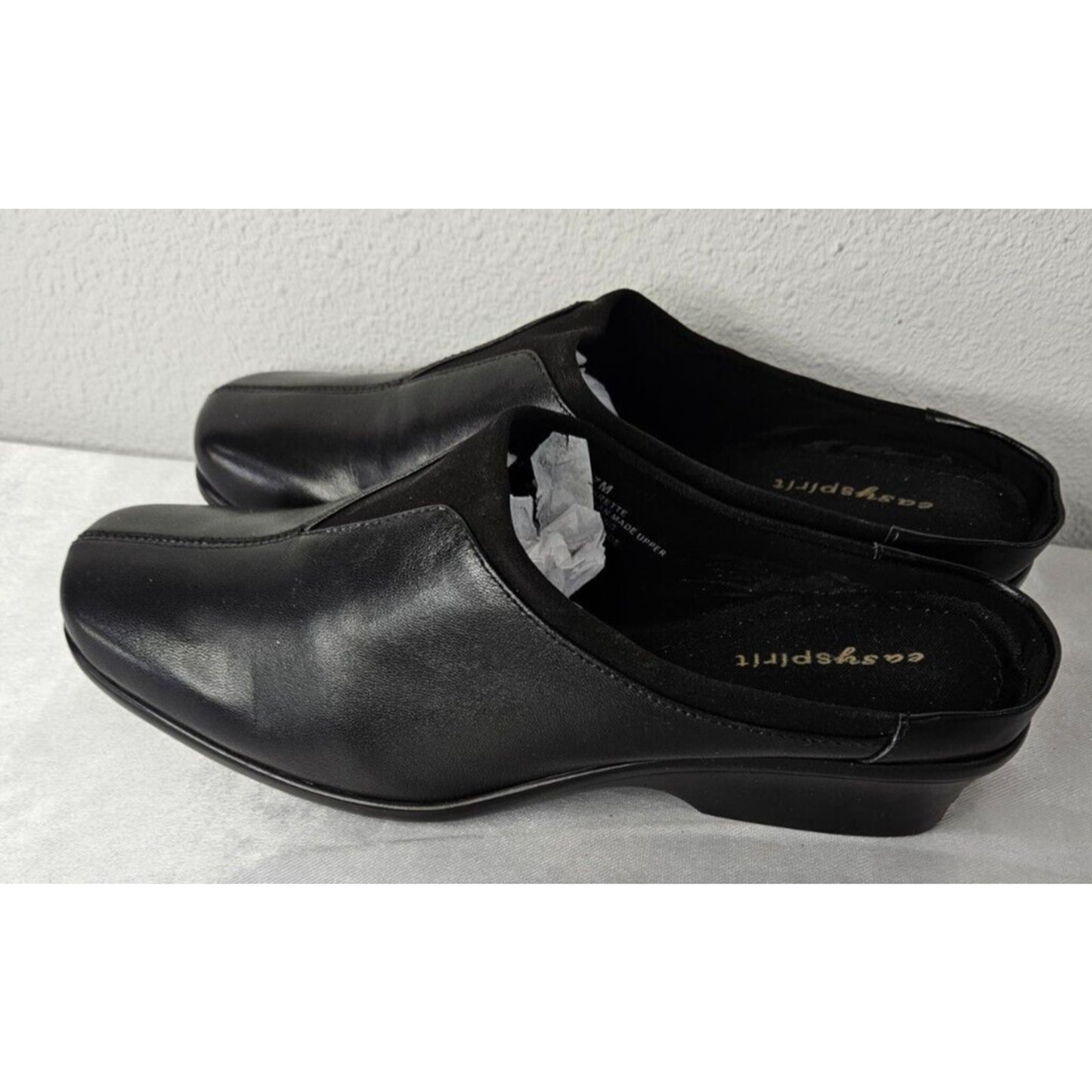 Easy Spirit Black Leather Slip-On Wedge Shoes Women’s Size 7M Square Toe Comfort