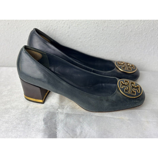 Tory Burch Logo Medallion Pumps Black Leather Women's 7.5M Classic Block Heel