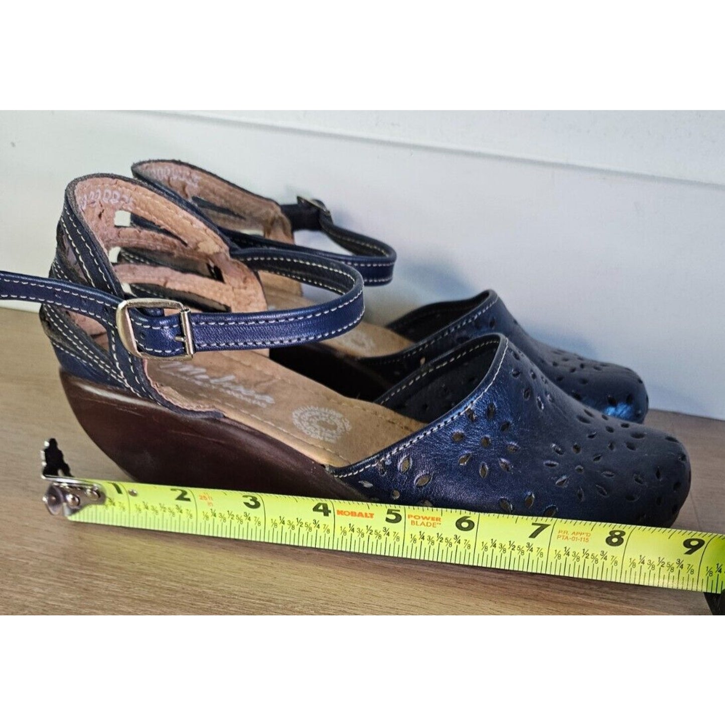 Naot Women's Navy Blue Leather Perforated Wedge Sandals Size 8 Adjustable Strap