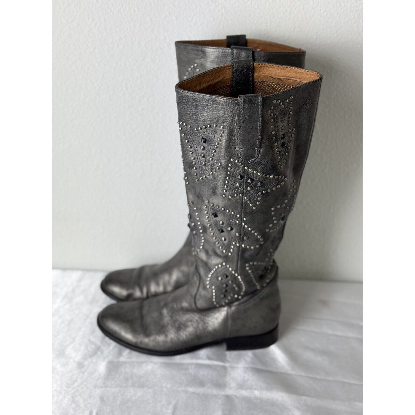 Frye Women's Grey Leather Knee-High Studded Boots Size 8M