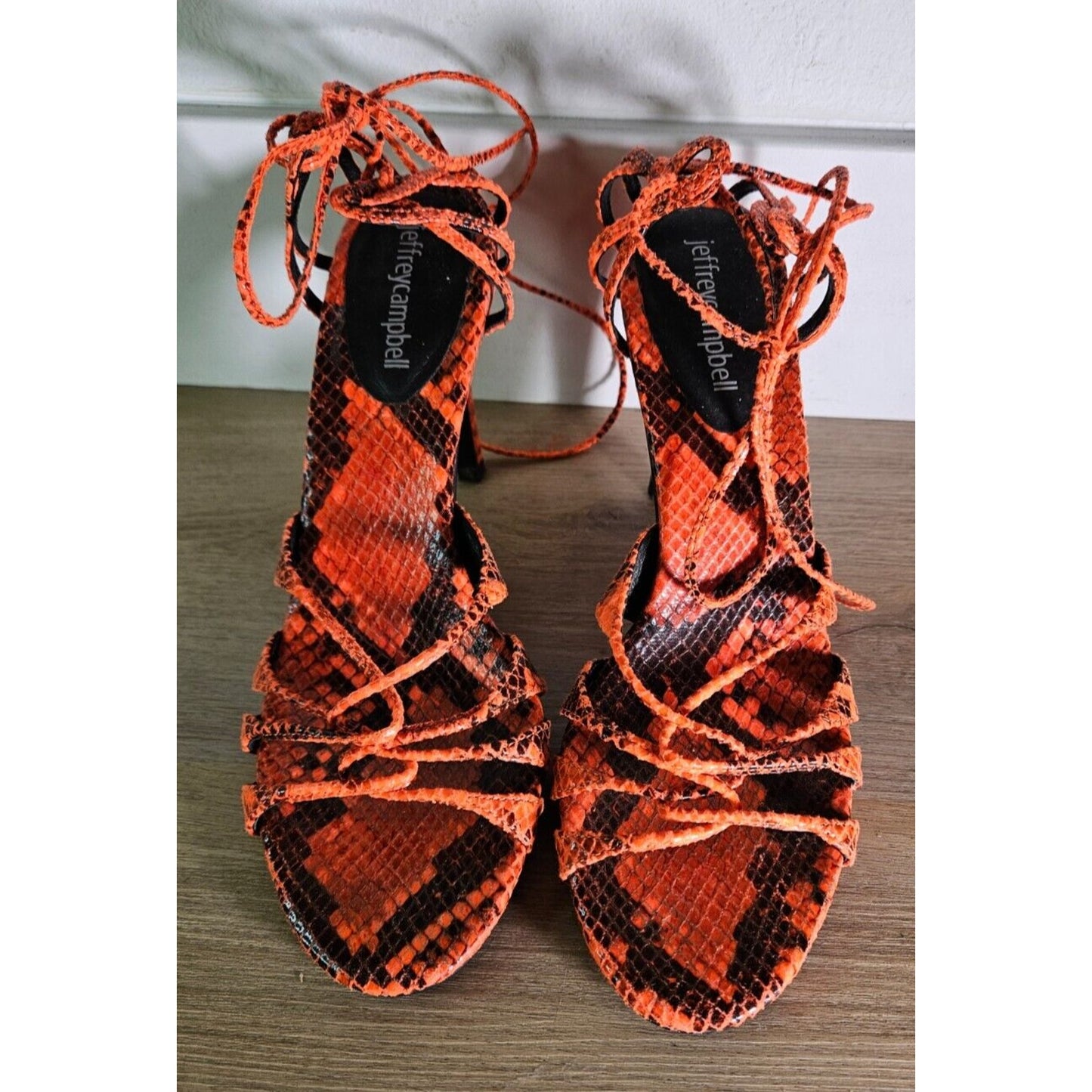 Jeffrey Campbell Women's Orange Snake Print Strappy Lace-Up Heels Size 8