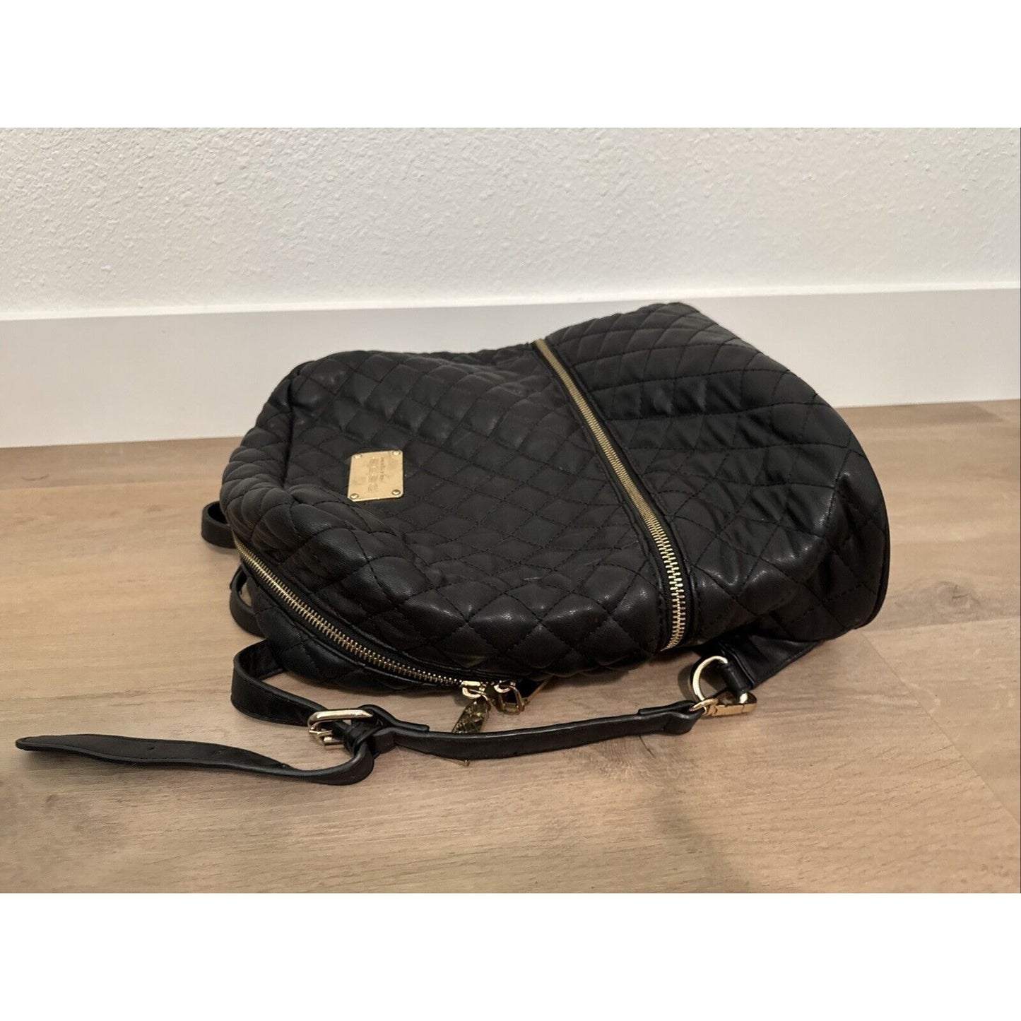 Bebe Los Angeles Black Quilted Vegan Faux Leather Backpack - Black/Gold 11x11