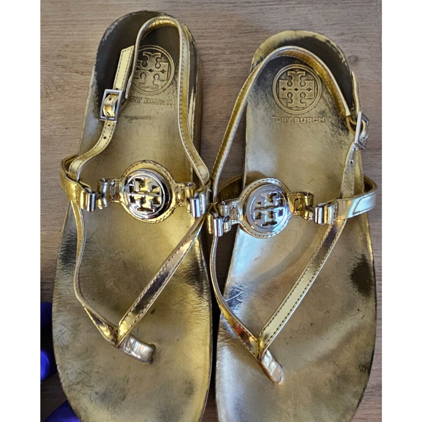 Tory Burch Gold Miller Sandals Women’s Size 7.5 Metallic Leather Thong Flats