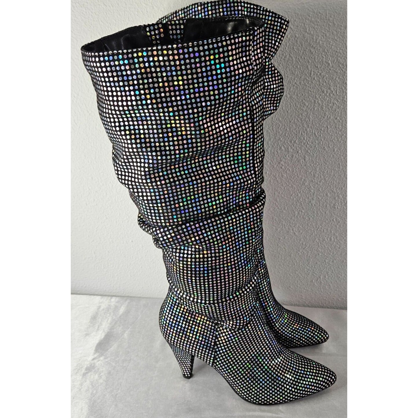 Black Rhinestone Boots Women’s 8.5 Slouchy Knee-High Stiletto Party Glam