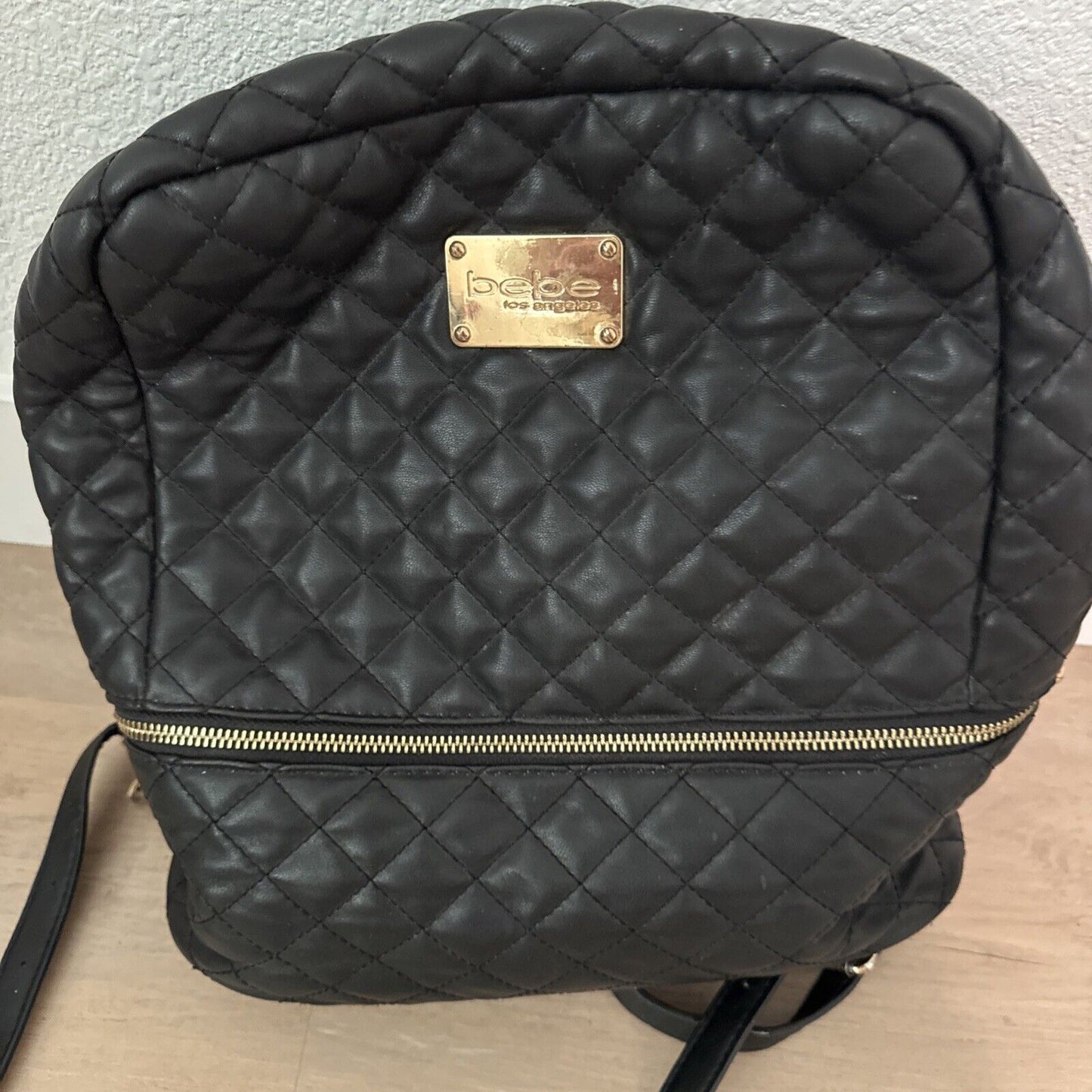 Bebe Los Angeles Black Quilted Vegan Faux Leather Backpack - Black/Gold 11x11