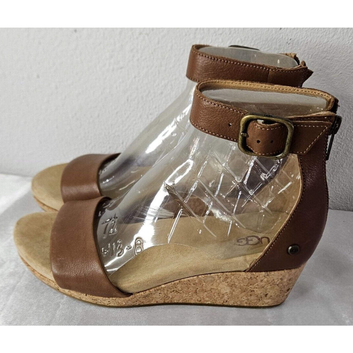 UGG Elena II Wedge Sandals Women’s 7.5 Brown Leather Cork Heel Adjustable Strap