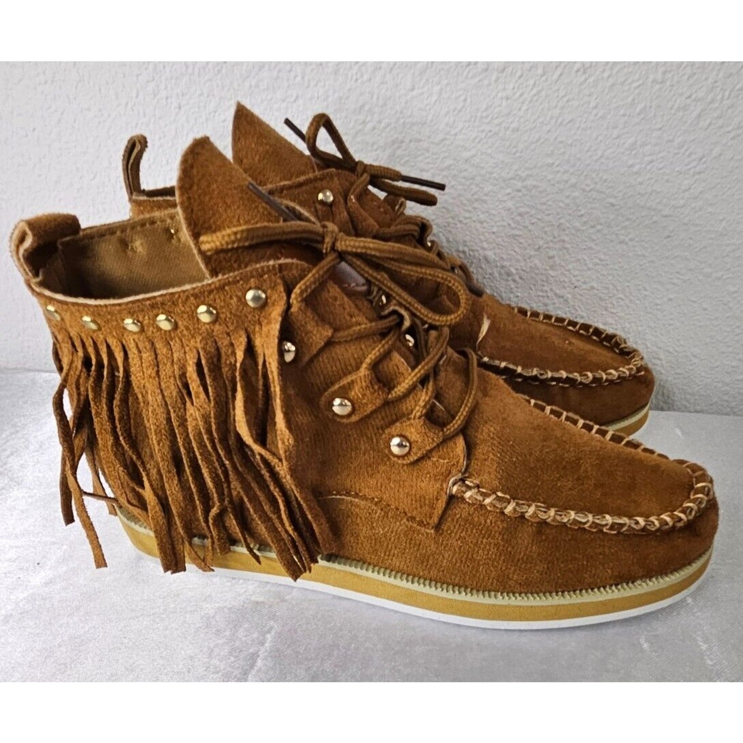 Fringe Moccasin Boots Women's Size 37 (US 6-6.5) Brown Suede Fringe Lace-Up