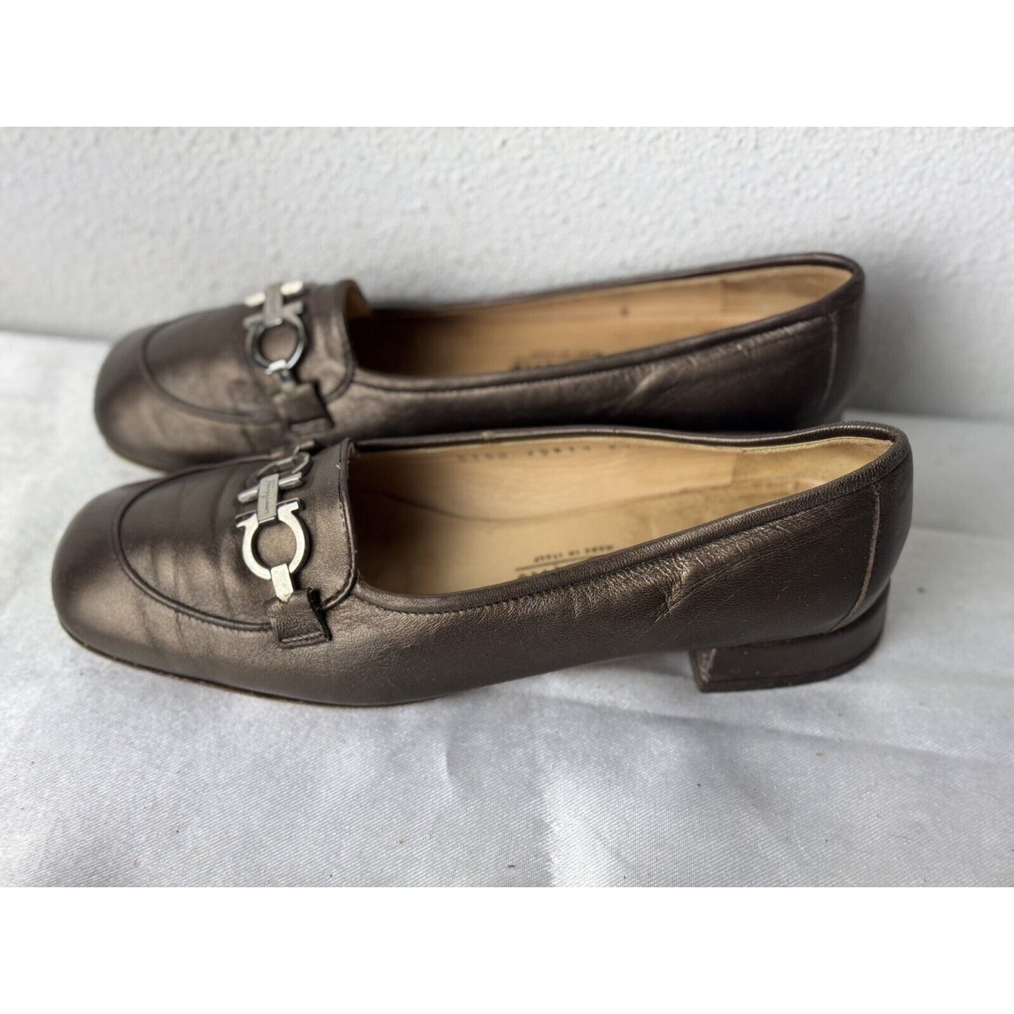 Salvatore Ferragamo Gancini Loafers Women’s 5 Bronze Leather Silver Hardware