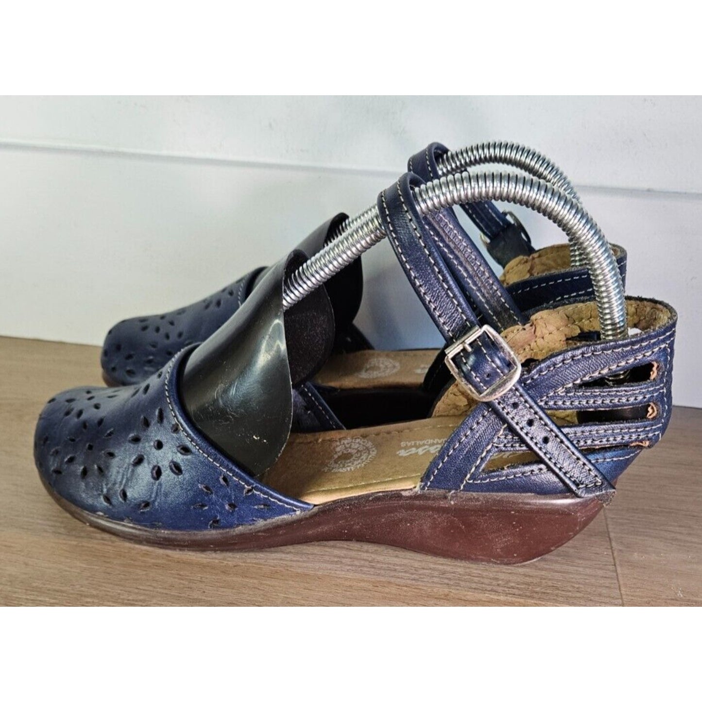 Naot Women's Navy Blue Leather Perforated Wedge Sandals Size 8 Adjustable Strap