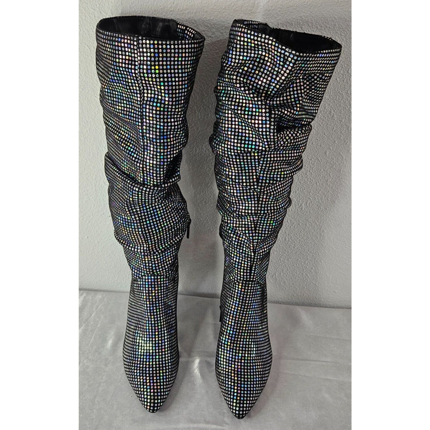 Black Rhinestone Boots Women’s 8.5 Slouchy Knee-High Stiletto Party Glam