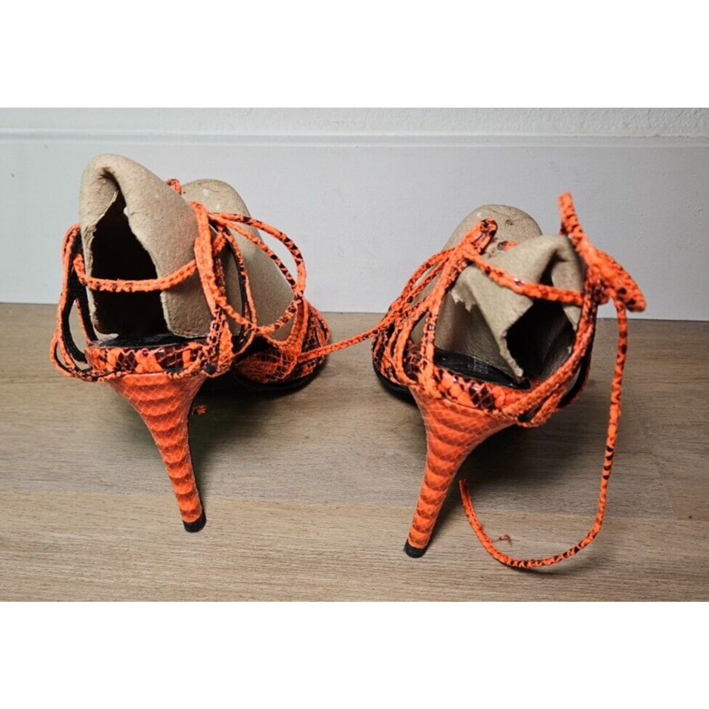 Jeffrey Campbell Women's Orange Snake Print Strappy Lace-Up Heels Size 8