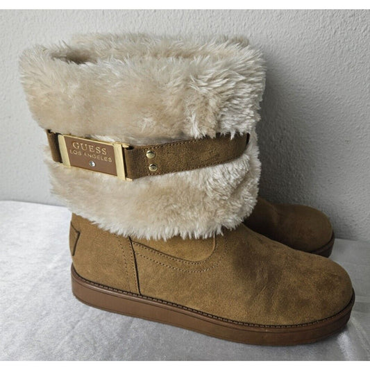 Guess Women's Winter Boots Size 6.5 Tan Suede Faux Fur Lined Comfort Warmth