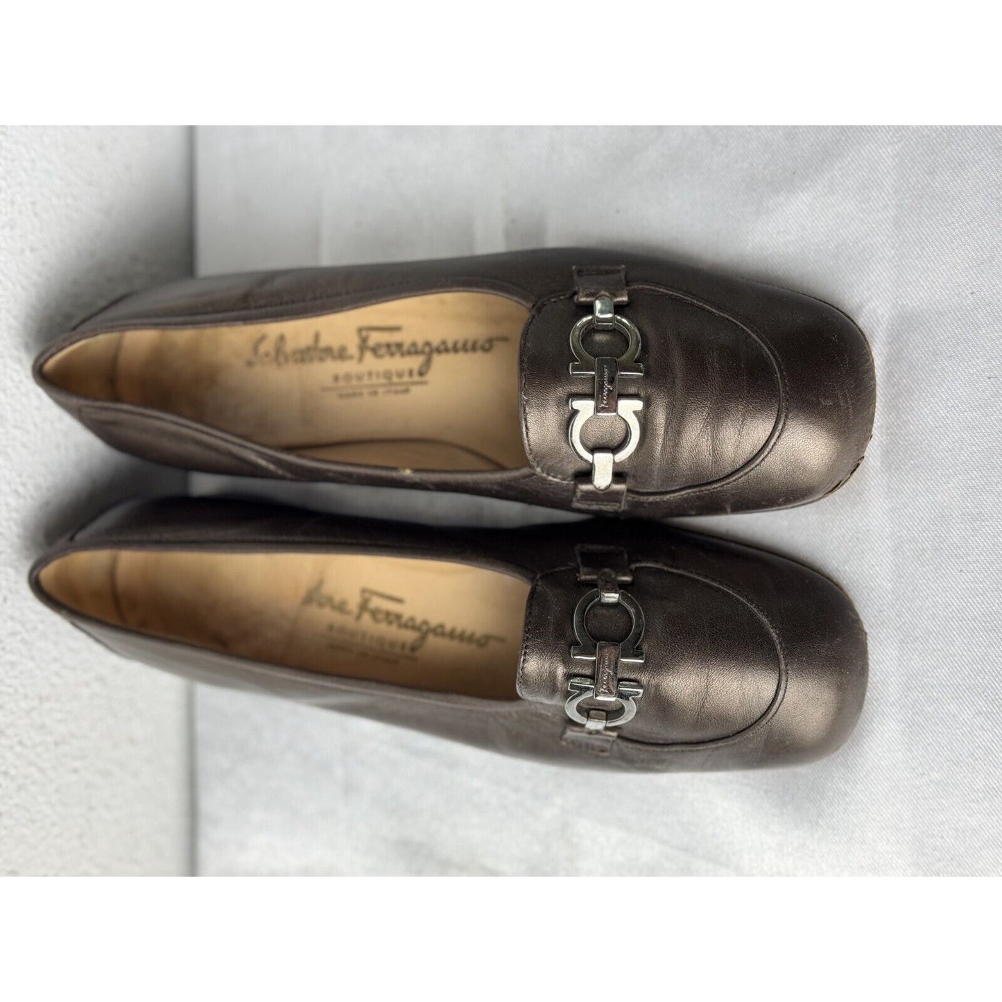 Salvatore Ferragamo Gancini Loafers Women’s 5 Bronze Leather Silver Hardware