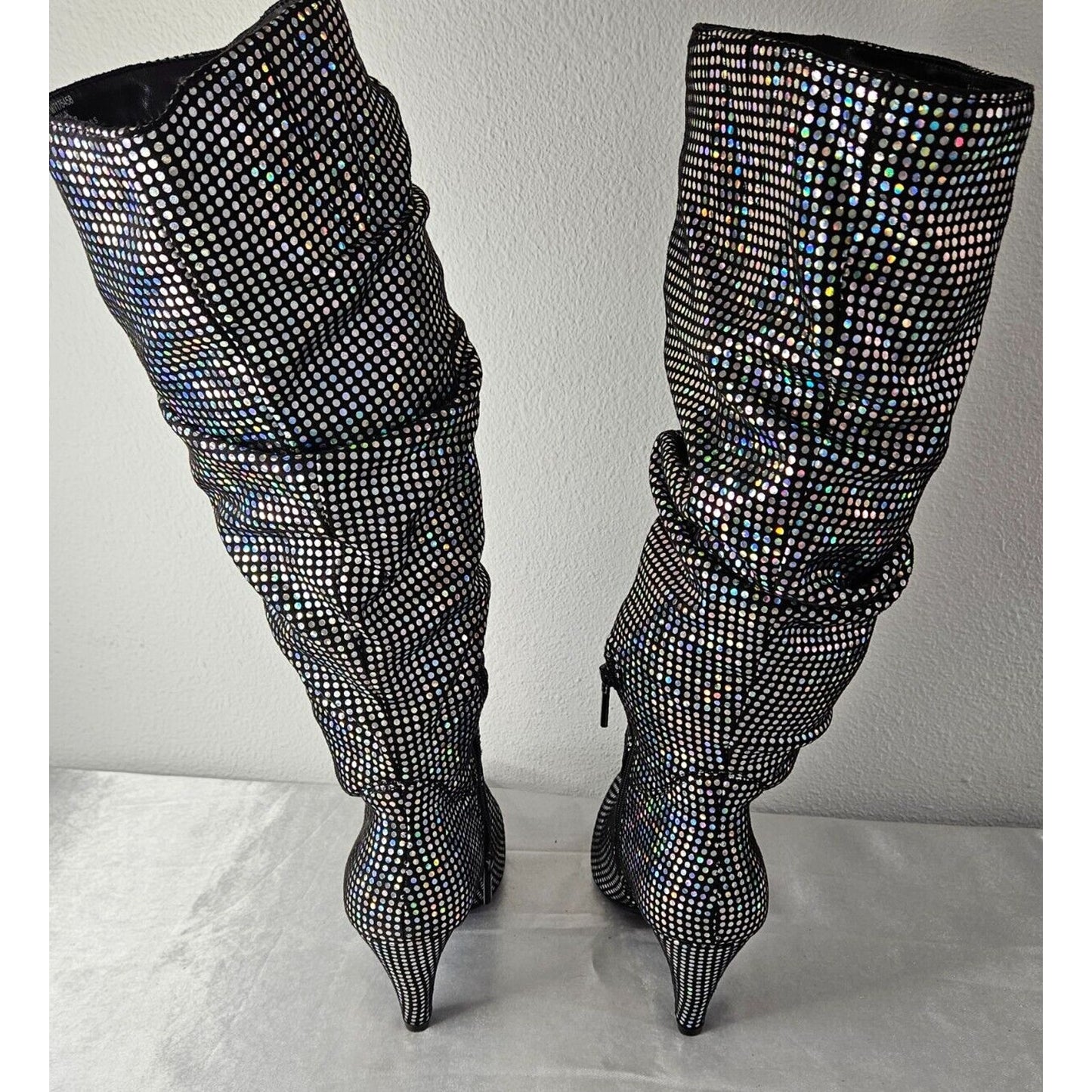 Black Rhinestone Boots Women’s 8.5 Slouchy Knee-High Stiletto Party Glam