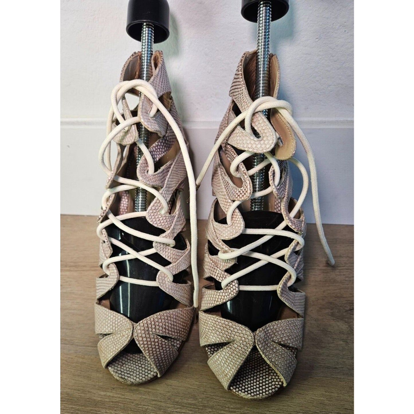 Loeffler Randall Women's Lace-Up Sandal Heels snake-embossed leather Size 6M