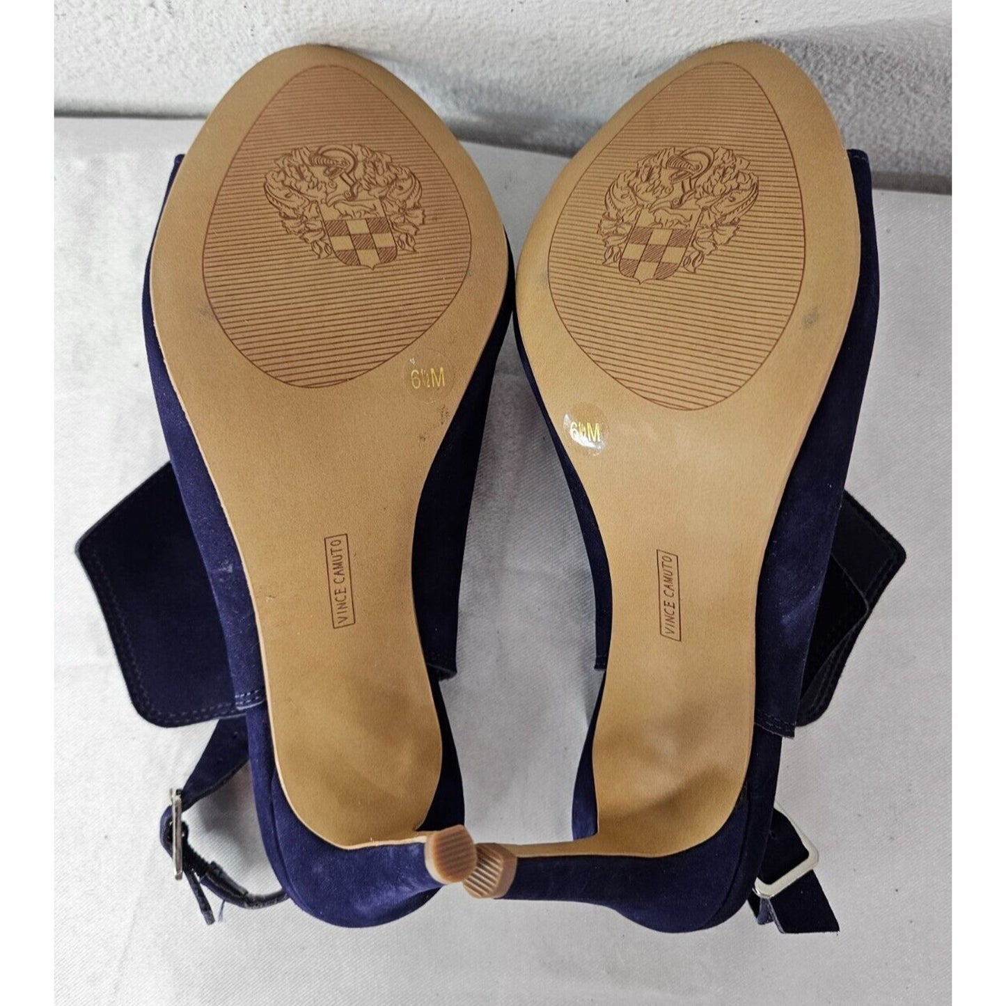 Vince Camuto “Catina” Women’s Navy Suede Open-Toe Heels 6.5 Elegant Chic