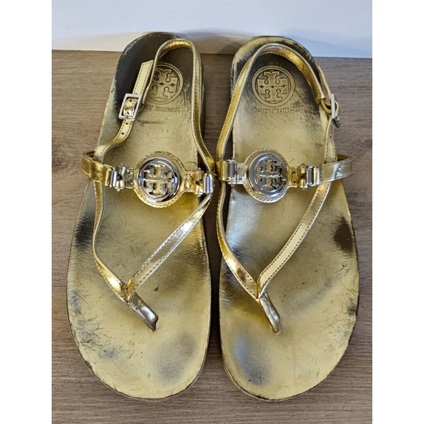 Tory Burch Gold Miller Sandals Women’s Size 7.5 Metallic Leather Thong Flats