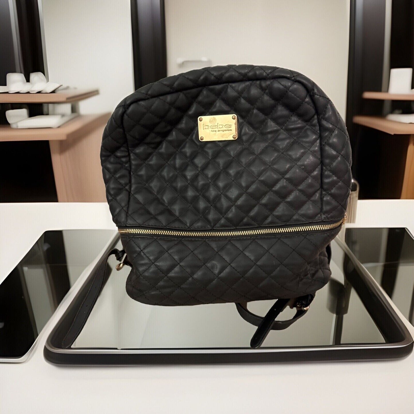 Bebe Los Angeles Black Quilted Vegan Faux Leather Backpack - Black/Gold 11x11