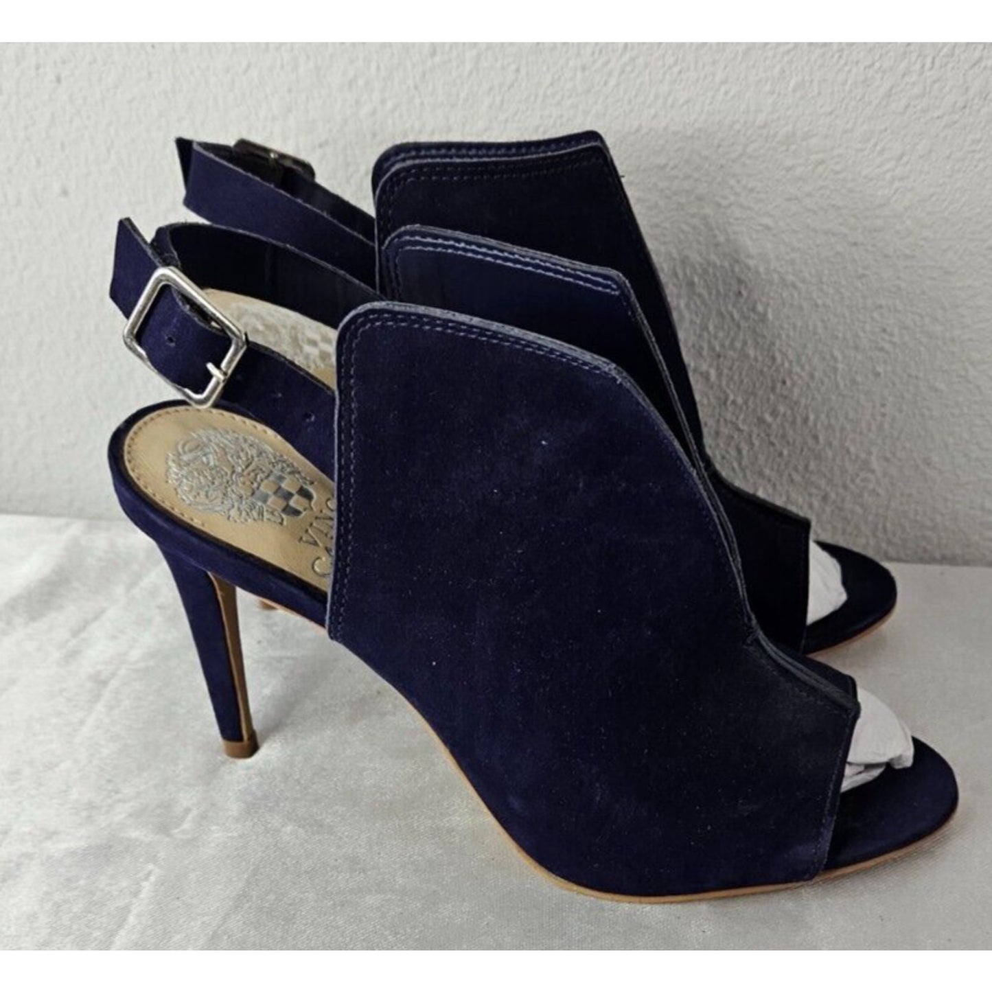 Vince Camuto “Catina” Women’s Navy Suede Open-Toe Heels 6.5 Elegant Chic