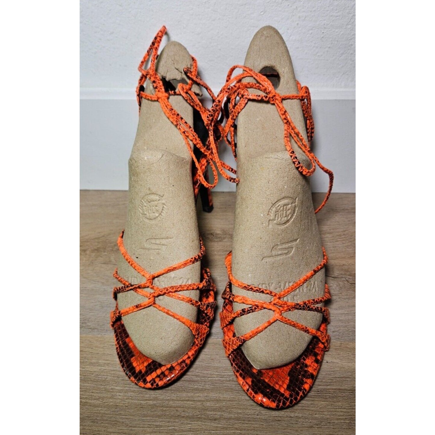 Jeffrey Campbell Women's Orange Snake Print Strappy Lace-Up Heels Size 8