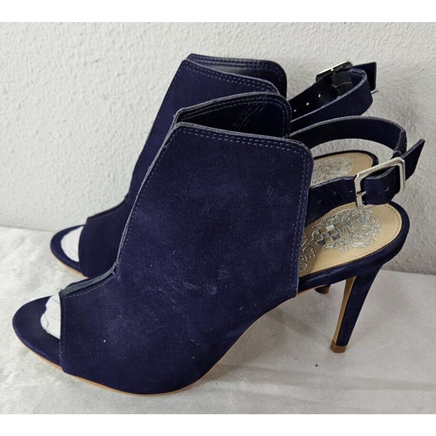 Vince Camuto “Catina” Women’s Navy Suede Open-Toe Heels 6.5 Elegant Chic