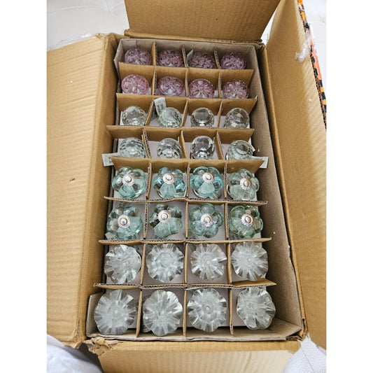 Vintage Brass floral Aqua Blue cut glass drawer knob handle pull Handmade 32pcs