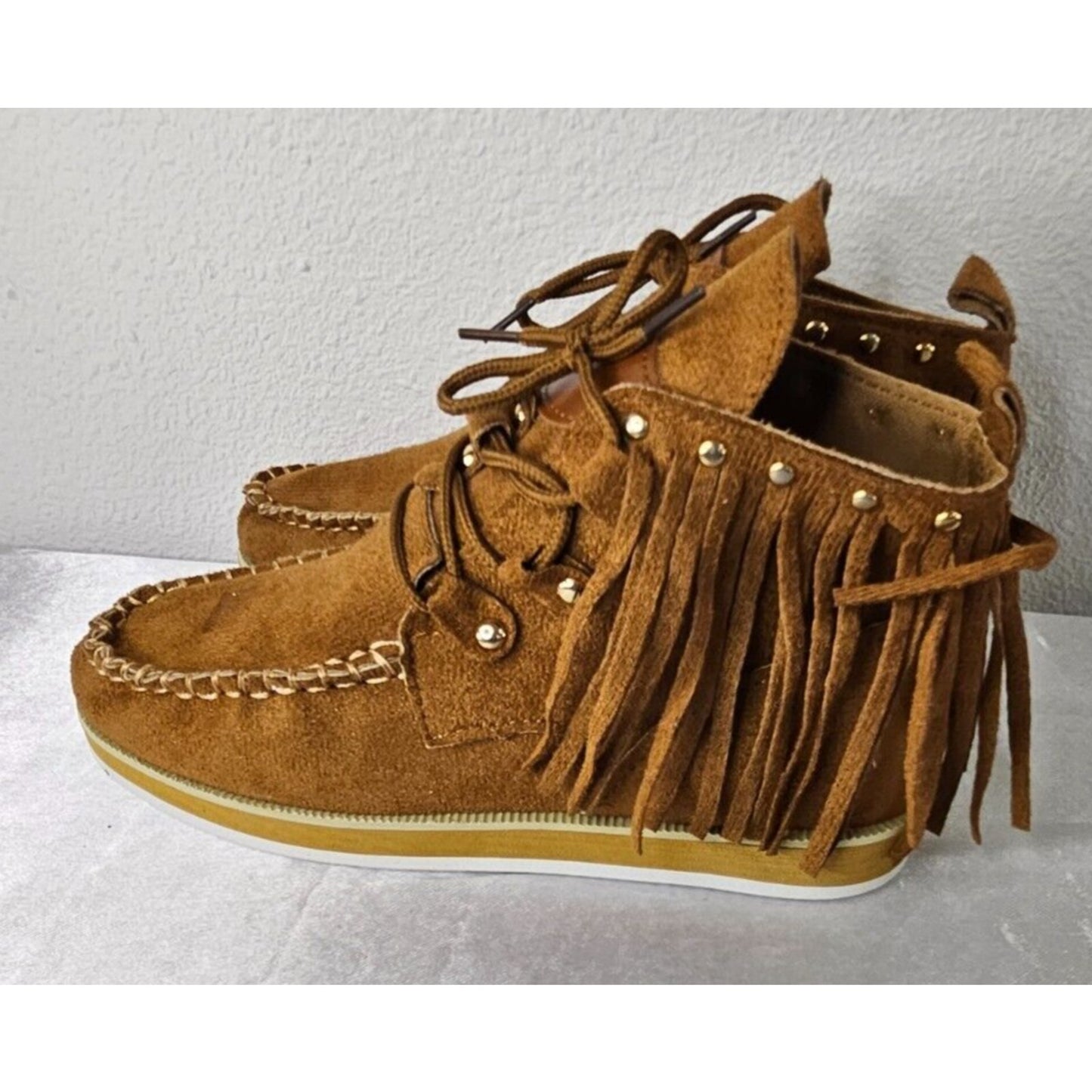 Fringe Moccasin Boots Women's Size 37 (US 6-6.5) Brown Suede Fringe Lace-Up