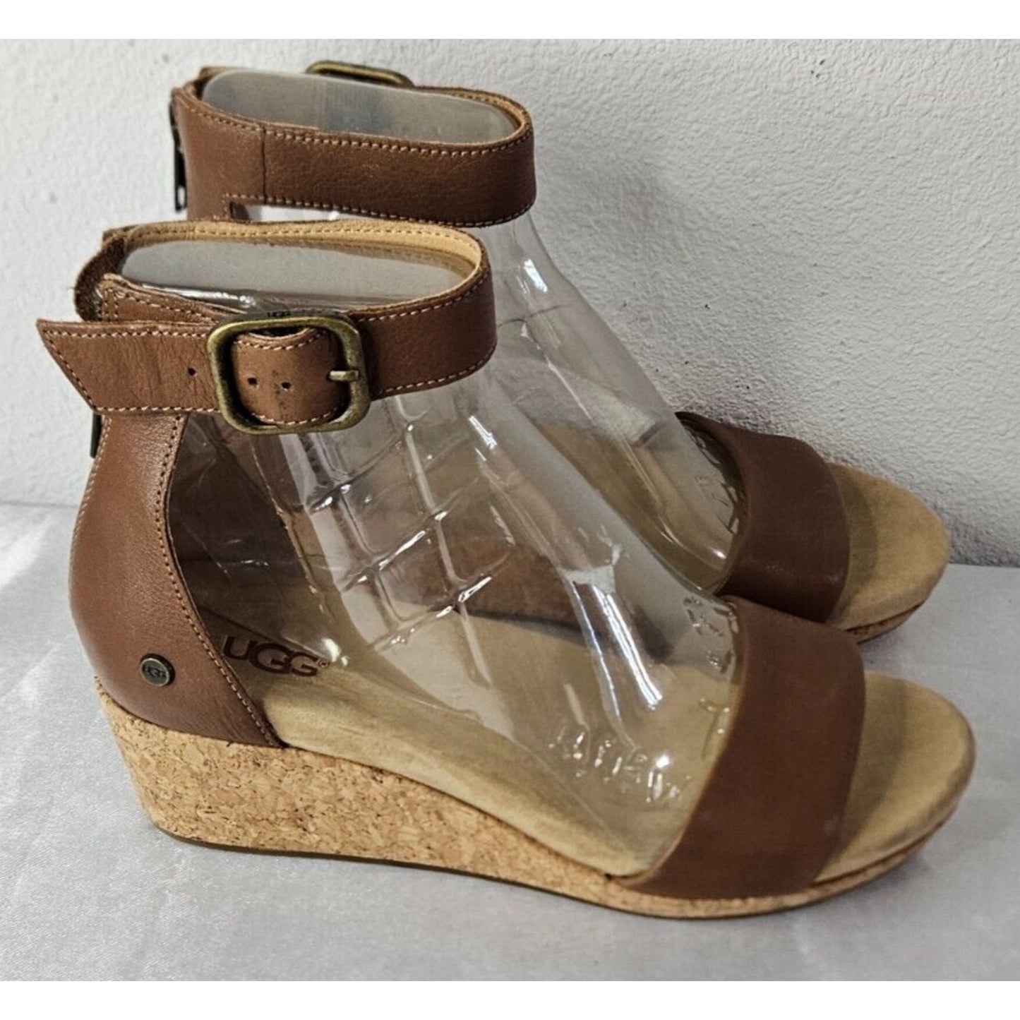 UGG Elena II Wedge Sandals Women’s 7.5 Brown Leather Cork Heel Adjustable Strap