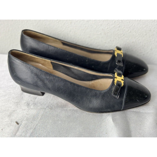 Salvatore Ferragamo Vara Bow Pumps Women’s 5 Black Leather Gold Detail