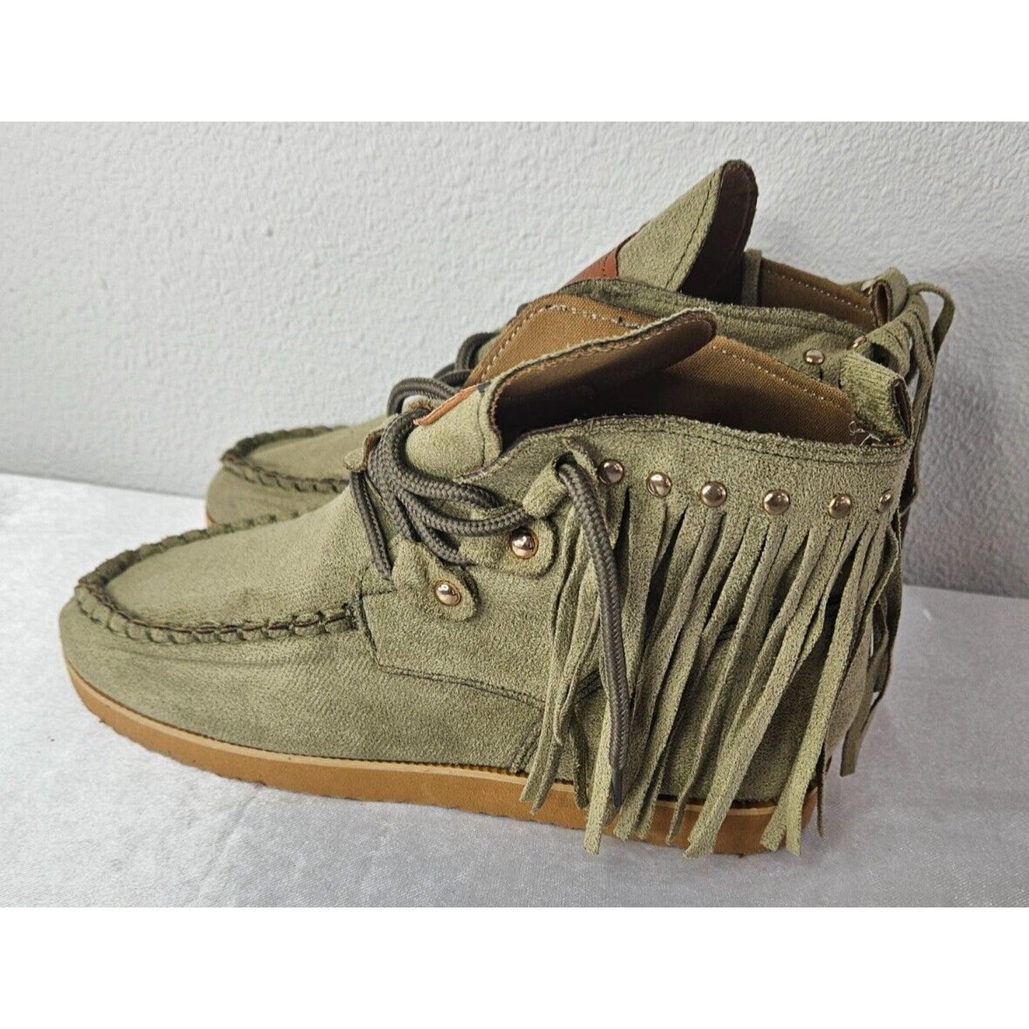 L'Originale Baloboo Women's Fringe Moccasin Boots Size 37 Olive Green Suede