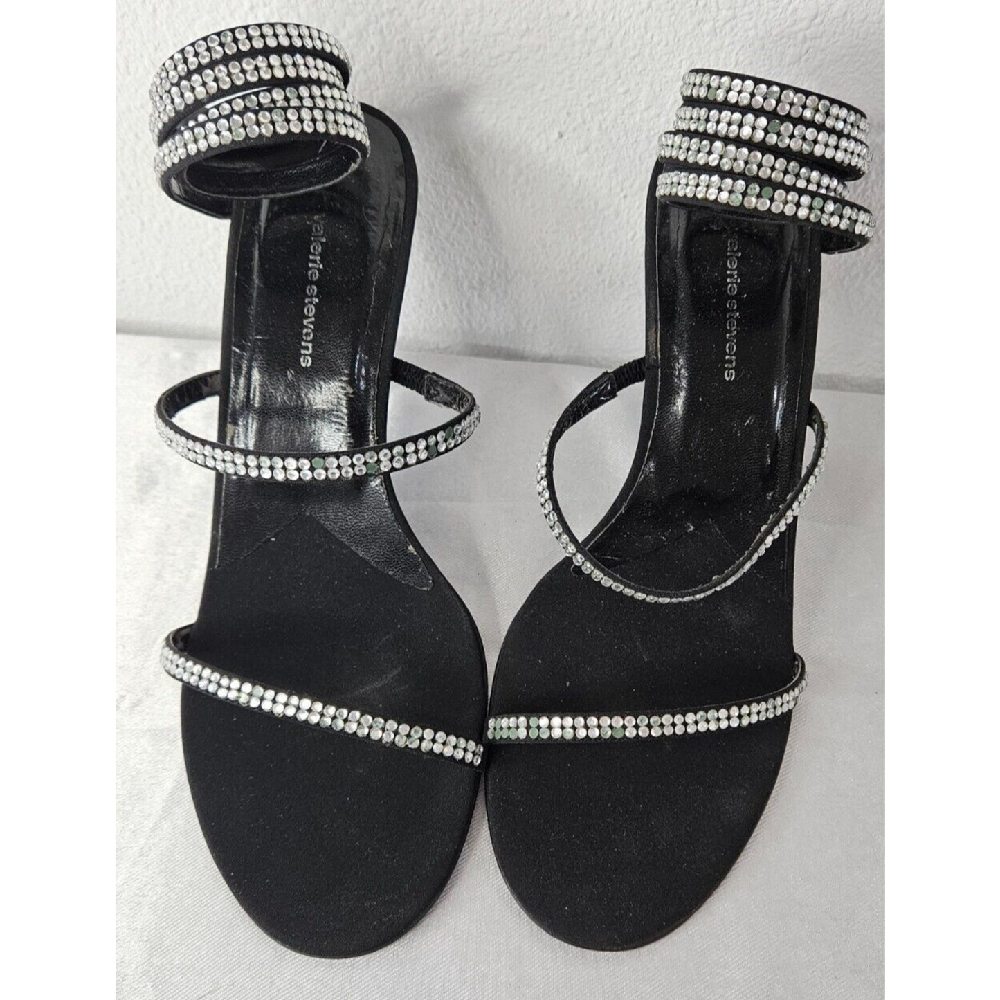 Valerie Stevens Charmer Black Rhinestone Sandals Women’s 7.5 Strappy Heels