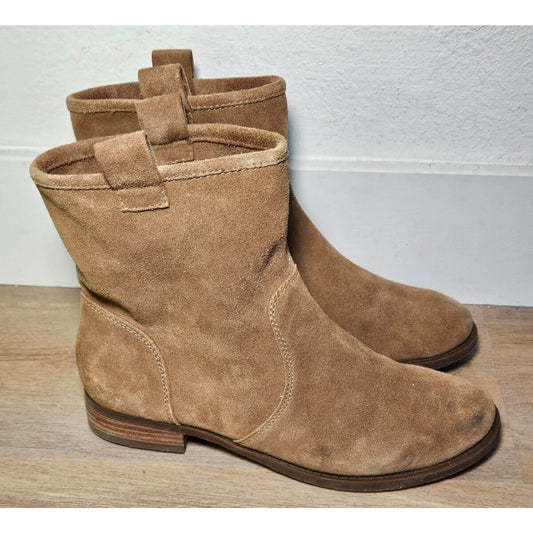 Sole Society Women’s Tan Suede Ankle Boots Size 7.5M Pull-On Stacked Heel Casual