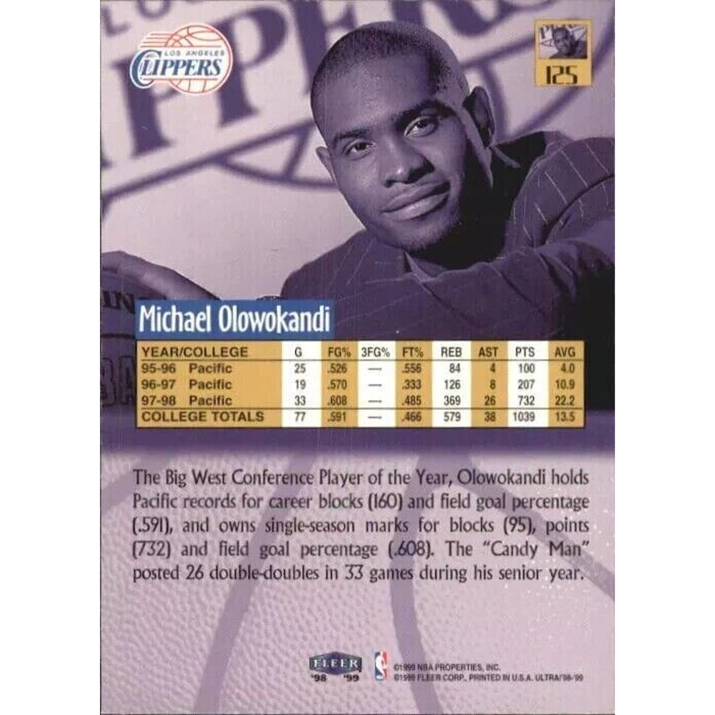 🏀 1998-99 Fleer Ultra #125 Michael Olowokandi Rookie Card (RC)