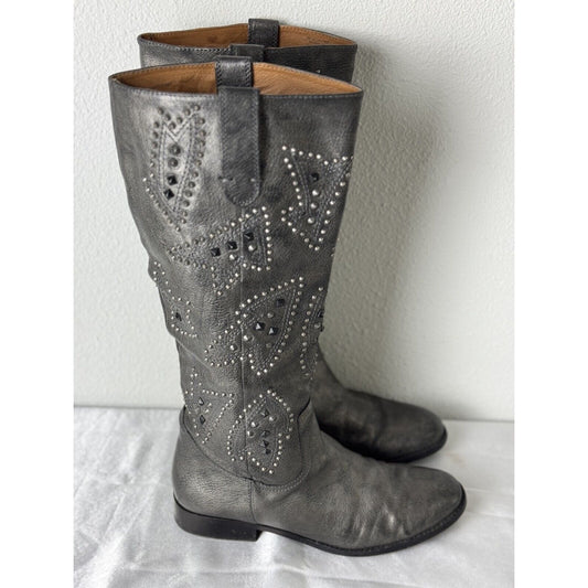 Frye Women's Grey Leather Knee-High Studded Boots Size 8M