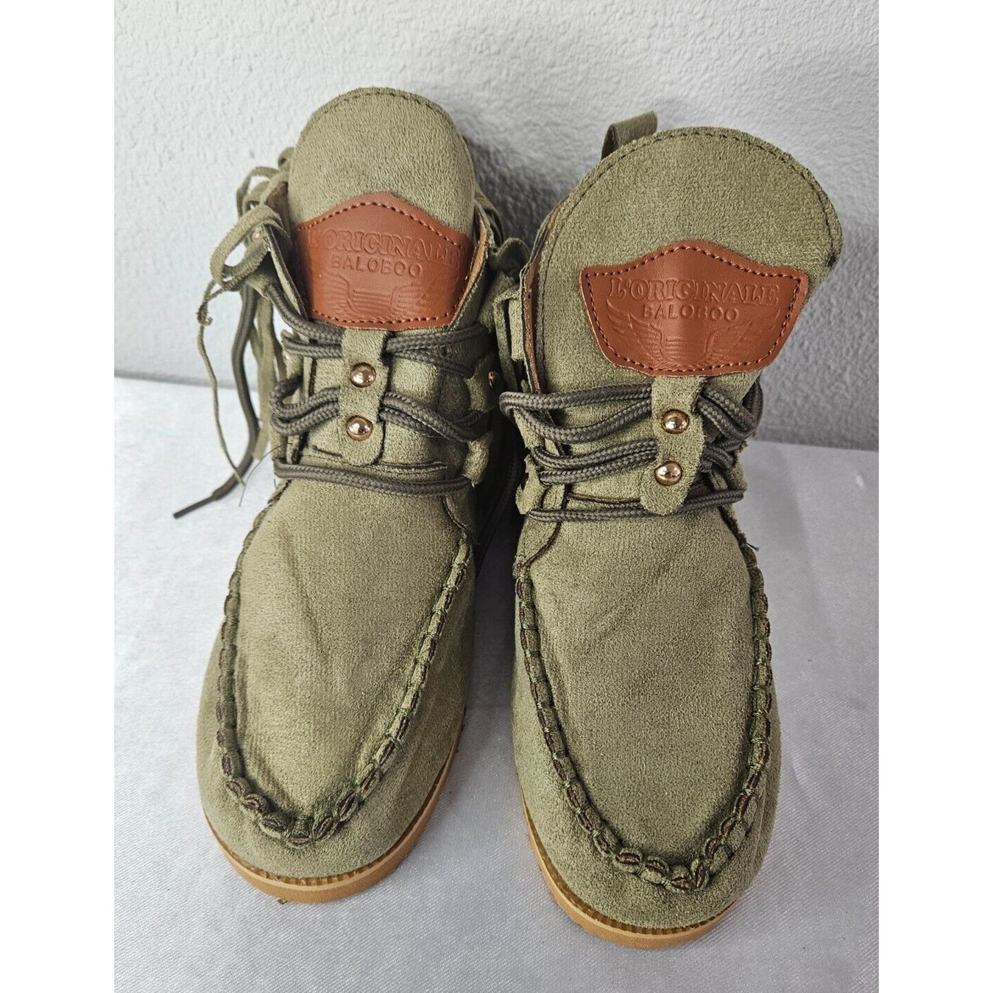 L'Originale Baloboo Women's Fringe Moccasin Boots Size 37 Olive Green Suede