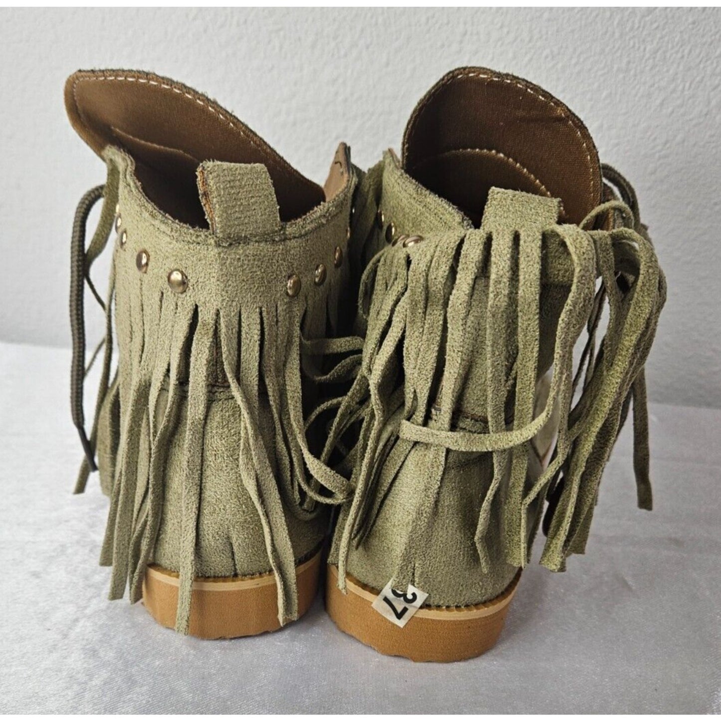 L'Originale Baloboo Women's Fringe Moccasin Boots Size 37 Olive Green Suede